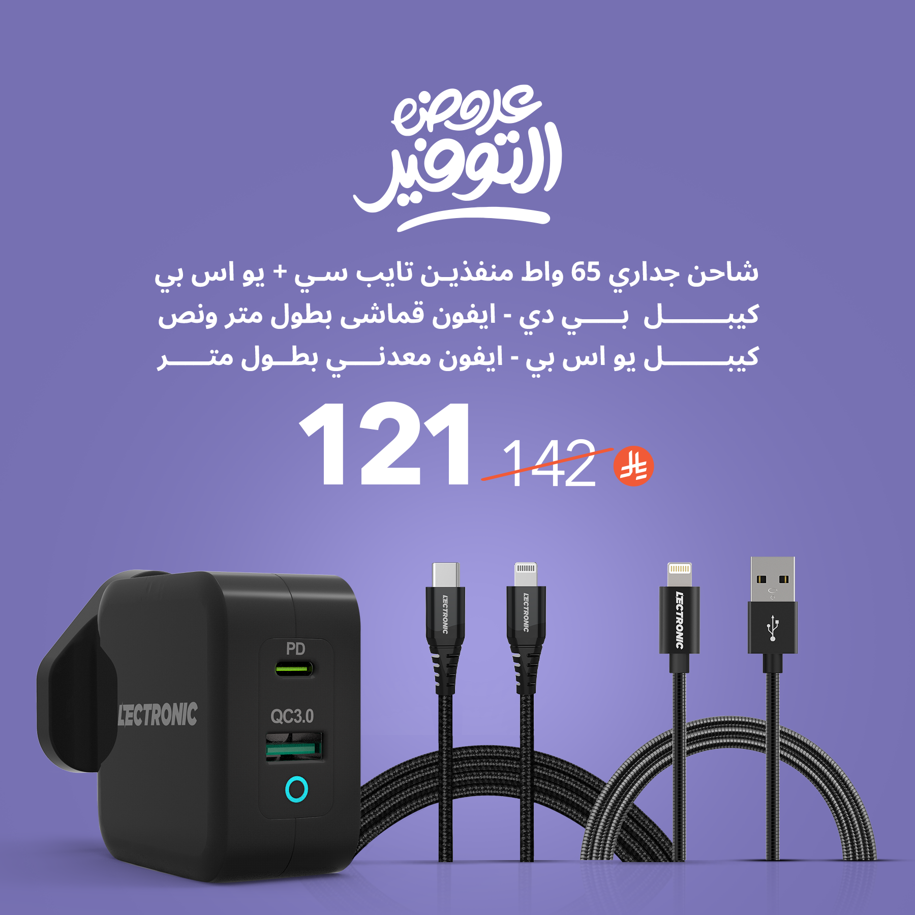 Lectronic 65W Wall Plug + iPhone Type-C Cable + iPhone USB Fabric Cable